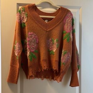 Anthropologie Brown V-Neck Sweater with Pink Floral Accents